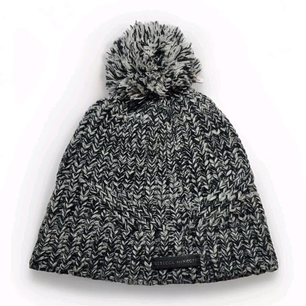 Rebecca Minkoff Women's Pom Pom Beanie Hat Black White Marled One Size